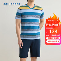 SCHIESSER 舒雅 男士棉莫代尔V领条纹短袖短裤睡衣家居服套装E9/22556H 蓝色 XXXXL