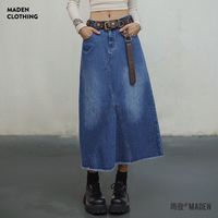 百亿补贴：MADEN 马登 女士水洗蓝解构牛仔裙 A字复古长款半裙