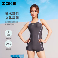 洲克ZOKE泳衣女连体平角无袖修身女士游泳衣124601433-2深灰/淡紫兰 L