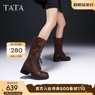 TATA 他她 复古粗跟中筒靴女鞋休闲机车靴骑士靴2024冬7C671DS4 棕色 37