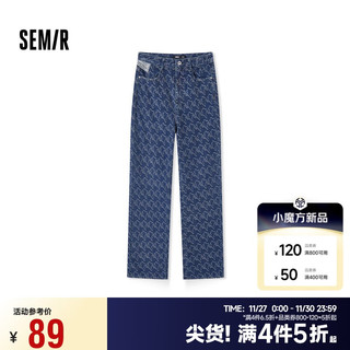 森马（Semir）森柔牛仔|牛仔裤女个性刺绣遮肉阔腿裤冬季抓绒长裤103723124001A XL 蓝色调00388