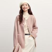 可脱卸围巾领精致短款兔毛羊绒双面呢大衣女秋装呢外套