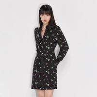 黑标系列春装 印花仿钻V翻领法式连衣