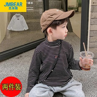 JMBEAR 杰米熊 儿童德绒条纹打底衫秋冬装半高领加绒男童t恤内搭保暖上衣