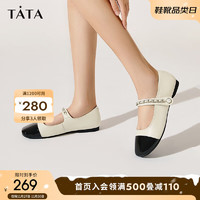 他她（TATA）秋牛皮时尚拼接玛丽珍女鞋YBP01CQ3 米白/黑 34