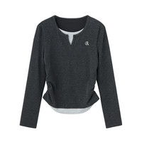 Basic House/百家好v领假两件长袖T恤女2024秋季修身打底衫 深灰色 L