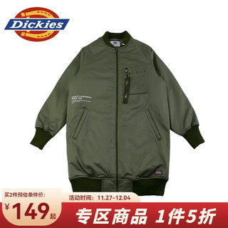 dickies棉服 拉链头织带口袋印花飞行夹克百搭长款女DK008100 墨绿色 00L