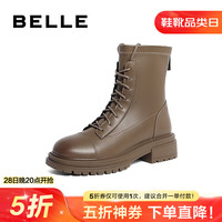 百丽质感弹力靴女粗跟增高舒适绑带短靴B1571DD3