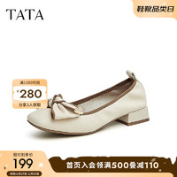 他她（TATA）复古蝴蝶结方头浅口单鞋女粗跟皮鞋春秋Y8XA1AQ3 米白 35