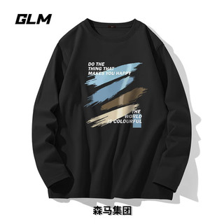 GLM 森马集团品牌长袖T恤男秋季圆领潮流百搭纯棉休打底衫休闲男装 L（110斤-130斤） 黑色