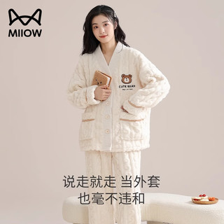 猫人（MiiOW）睡衣女士冬季加厚珊瑚绒法兰绒套装春秋天白色可外穿家居服 【加绒加厚 松软珊瑚绒】款式一 L码【100-120斤】