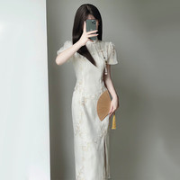 家隆名秀 高定版改良旗袍年轻少女款重工刺绣新中式国风开叉连衣裙 杏色 L