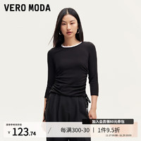 VERO MODA VEROMODAT恤女2024早秋拼接圆领两侧抽绳装饰七分袖上衣简约百搭 黑色 160/80A/S