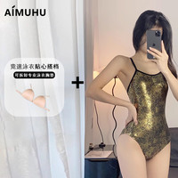 AIMUHU后背单交叉性感专业竞速连体泳衣收腰显瘦2024游泳衣女 XL 黑金（泳衣+挂钩胸垫）