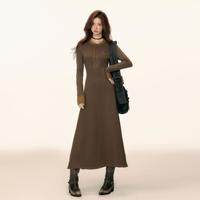 长款连衣裙女2024秋冬复古学院风撞色刺绣长裙百搭圆领伞裙