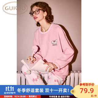 果壳（Gukoo）睡衣女秋冬季款卡通圆领套头薄绒款保暖套装家居服 天堂粉1 XL 