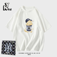 NY-FD国际美式潮牌宽松男女春夏季纯棉重磅短袖短袖T恤XS L 爆米花白色T恤