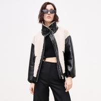 机车风素皮拼接高领夹克外套女装