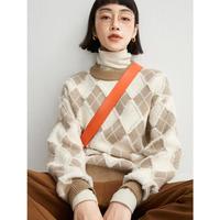 秋冬季休闲百搭女式毛衣经典格菱纹针织衫减龄圆领保暖女装上衣