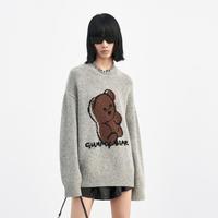 小熊毛绒图案宽松羊毛针织衫女装