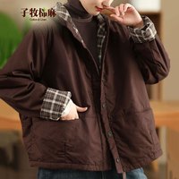 子牧棉麻2024冬装 女复古风衣双层棉衣外套内里格纹连帽保暖棉服3738