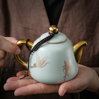 京峰阁 汝窑茶具仙鹤潘壶套装一壶两杯 旅行功夫茶具可养金丝铁线蝉翼开片汝瓷整套茶壶茶杯盖碗 仙鹤潘壶套装一壶两杯