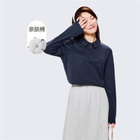 佐丹奴Polo衫女纯棉双面布纯色气质长袖翻领休闲上衣05312790 60 深夜蓝色 S