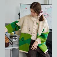 复古绿色草坪立体小羊设计感宽松外套2024秋冬休闲女式毛衣