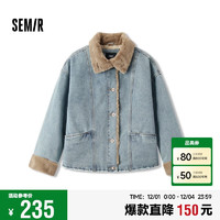 Semir 森马 牛仔棉服女拼接毛领美式复古2024冬宽松毛边夹克街头109724108017