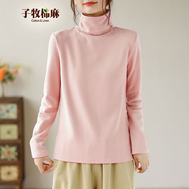 子牧棉麻 秋冬装 女韩版双面磨毛德绒高领长袖打底衫加厚保暖上衣8677 枫叶红高领德绒款 加厚 2XL