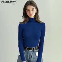 FOURDATRY高领长袖打底衫2024秋冬季翻领内搭修身黑色套头毛衣女紧身针织衫 宝蓝色 均码