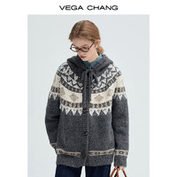 VEGA CHANG 费尔岛毛衣女秋冬慵懒风含羊毛连帽牛角扣针织开衫外套 费尔岛灰 均 码