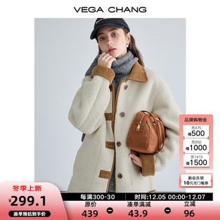 VEGA CHANG 仿羊羔毛大衣女2024秋冬新款韩版宽松拼接皮草短外套 绒绒白 S