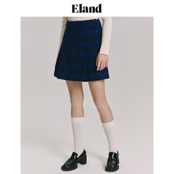 E·LAND 衣恋 ELAND衣恋半身裙女春季元气学院风经典格纹半身裙毛呢A字裙女 深蓝色 S/160