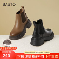 百思图冬商场新款加绒切尔西烟筒靴牛皮厚底女及踝短靴VDI19DD3