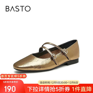 BASTO 百思图 24秋复古玛丽珍鞋方头粗跟女单鞋M1013CQ4 金色 34