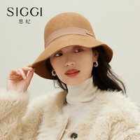 Siggi 帽子女羊毛渔夫帽秋冬季法式优雅礼帽复古时尚百搭盆帽棕