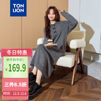 TONLION 唐狮 2024女翻领长袖连衣裙长裙 深灰 M