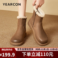 YEARCON 意尔康 棉鞋女24新款冬季复古圆头加绒平底保暖雪地靴 06984W 土黄 38