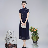 秀觀唐 枝竹2024夏装新款改良国风新中式绣花长款透气旗袍连衣裙 蓝色 L