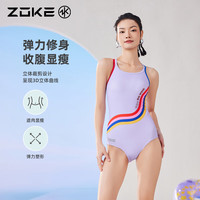 洲克女士温泉度假遮肚显瘦修身连体三角泳衣zoke运动舒适贴合泳装 粉紫花 2XL