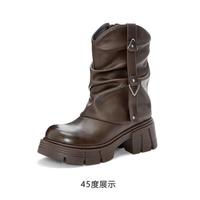 达芙妮时尚马丁靴2024年秋冬百搭靴子加绒工装靴女休闲短靴单靴 5058棕色 34