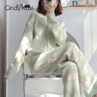 Cindy Kavi 法式轻奢睡衣女秋冬季甜美可爱樱桃开衫珊瑚绒加厚加绒家居服套装 绿色 均码