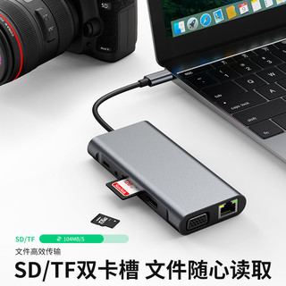 KERZY 可芝 11口拓展坞Type-C扩展坞分线网口转换器转HDMI+USB3.0+RJ45+VGA+PD+USB-C+3.5mm音频+SD/TF