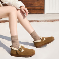 PLUS会员：西遇 毛毛勃肯鞋加绒 复古雪地靴一脚蹬外穿 棕黄色