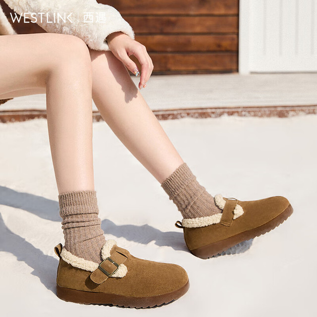 西遇 毛毛勃肯鞋加绒 复古雪地靴一脚蹬外穿 棕黄色