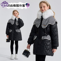 小马宝莉女童时尚棉服外套2024冬装女孩中长款带毛领棉衣儿童加厚冬季棉袄 黑色 140