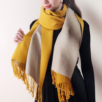 上海故事混纺针织围巾女士秋季冬款加厚长款披肩保暖围脖礼盒装 双面 明黄