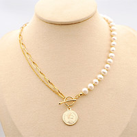 TMOWO淡水珍珠拼接不对称锁骨链硬币时尚设计感双层链条巴洛克复古项链 6mm近圆珠款