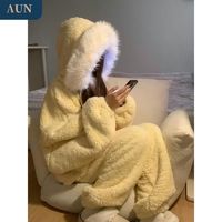 百亿补贴：AUN 可爱少女加厚保暖珊瑚绒睡衣女冬季新款网红风连帽家居服套装